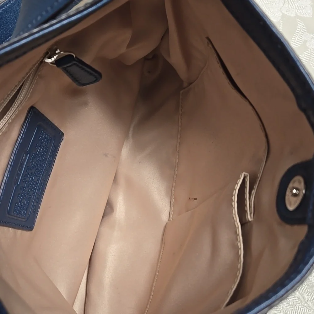 Coach Penelope Tan and Blue Satin With Patent Leather Crossbody Bag